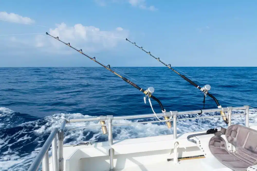 A deep sea fishing boat out on the water