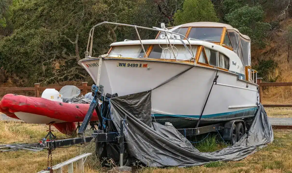 Covered boat on a trailer stored in a grassy yard with a red inflatable boat beside it.