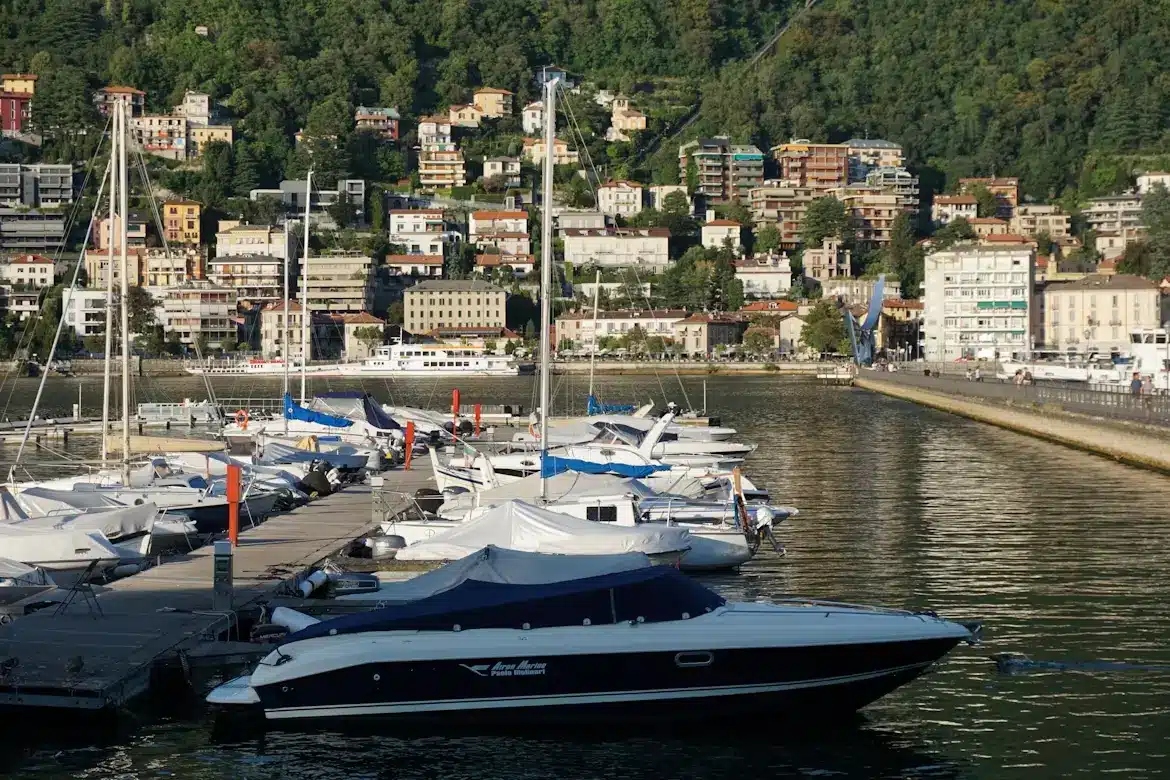 Boats stored next to a marina.