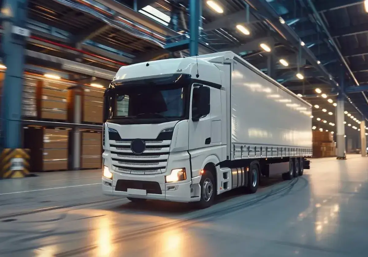 White semi-truck inside a modern warehouse facility.