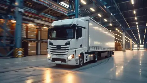 White semi-truck inside a modern warehouse facility.