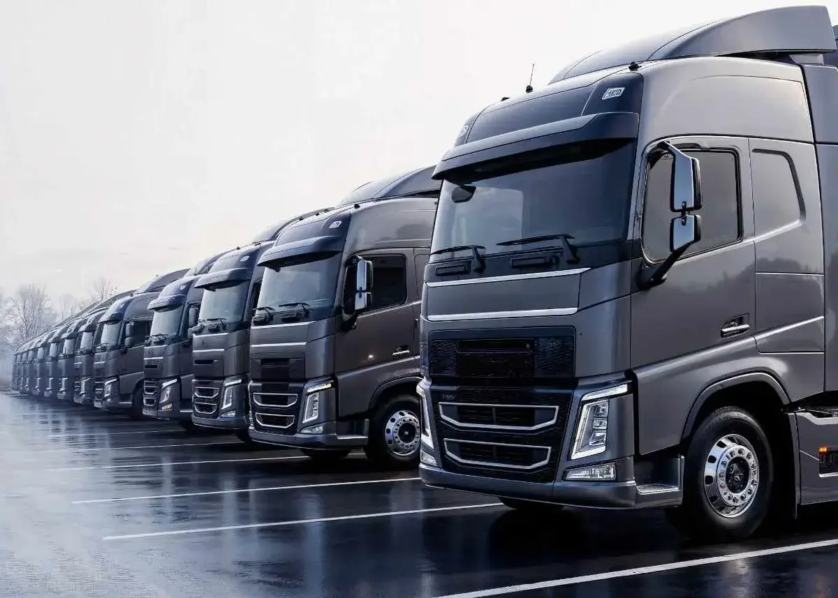 Row of gray semi-trucks parked in a fleet parking lot.