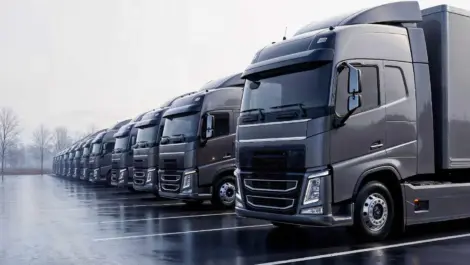 Row of gray semi-trucks parked in a fleet parking lot.