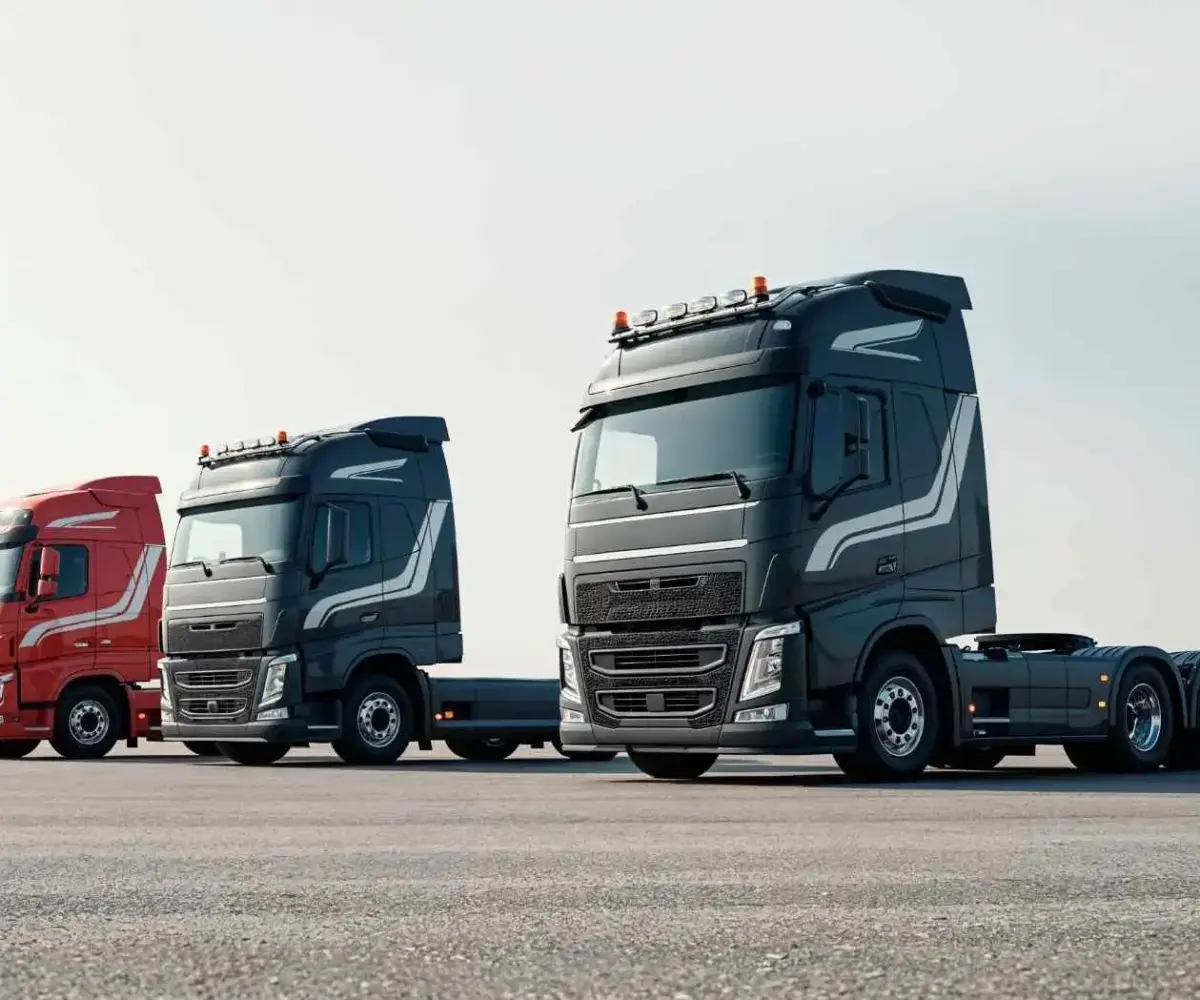Three semi-trucks parked on a wide open parking lot under a clear sky.
