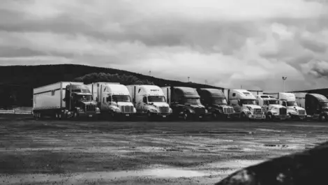Row of semi-trucks parked in a lot under cloudy skies.