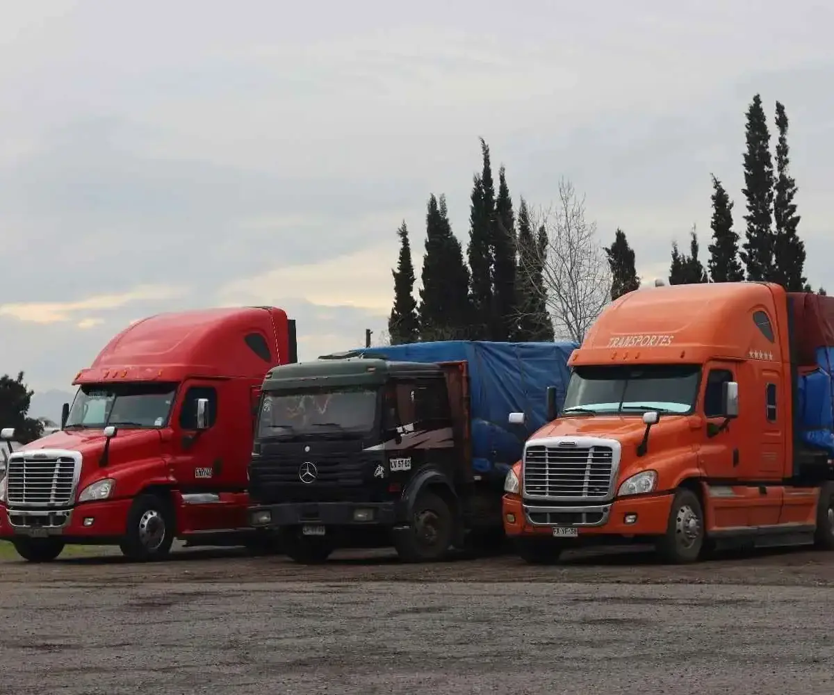 Semi trucks parked in a fleet parking lot.