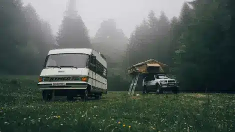 RV and pickup truck with rooftop tent at a foggy forest campsite.