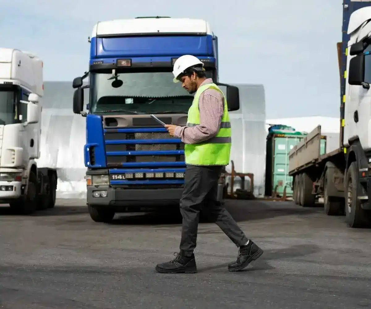 A man inspecting documents in a truck yard.