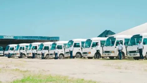 Row of white minibuses parked with uniformed drivers standing beside each vehicle.