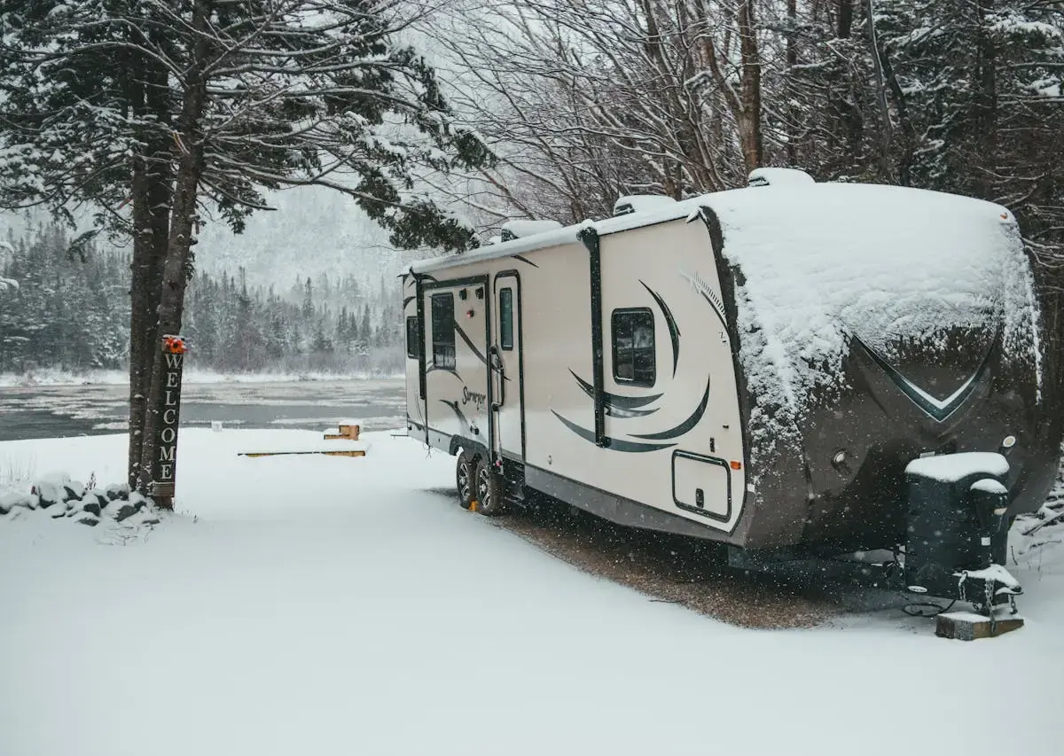Travel trailer parked in a snow.