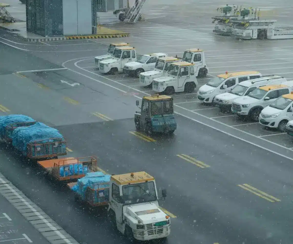 Truck carrier towing blue-wrapped cargo on an airport tarmac during snowfall.