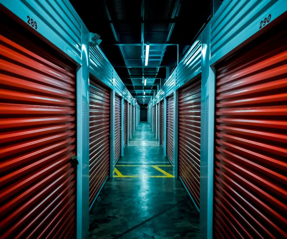 Dimly lit hallway of indoor storage units with red roll-up doors.