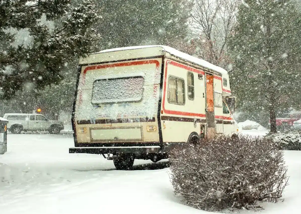 Camper van covered in snow during winter storm in a residential lot.