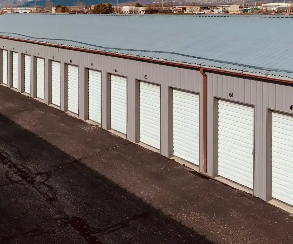 Outdoor row of closed metal storage units