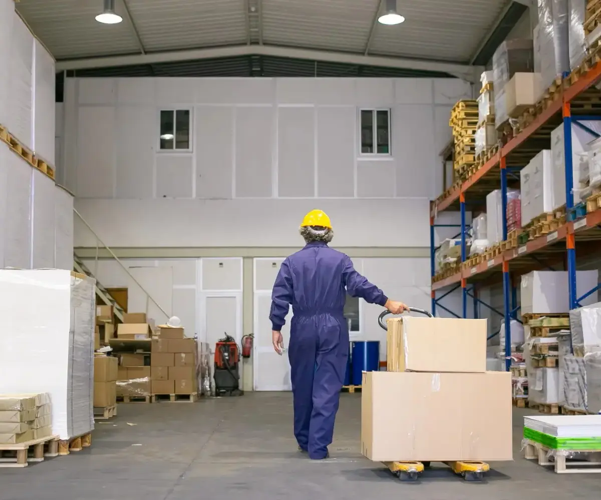 Storage working dragging a gurney of boxes in a contractor storage unit.