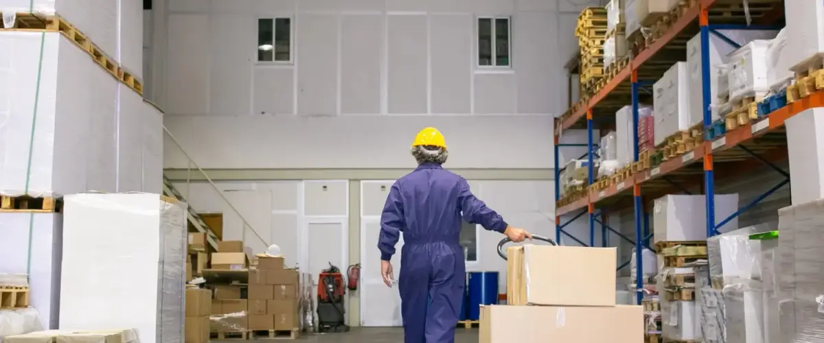 Storage working dragging a gurney of boxes in a contractor storage unit.