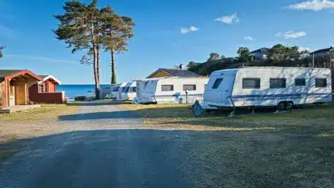 White travel trailers parked at a coastal campground under clear blue skies.
