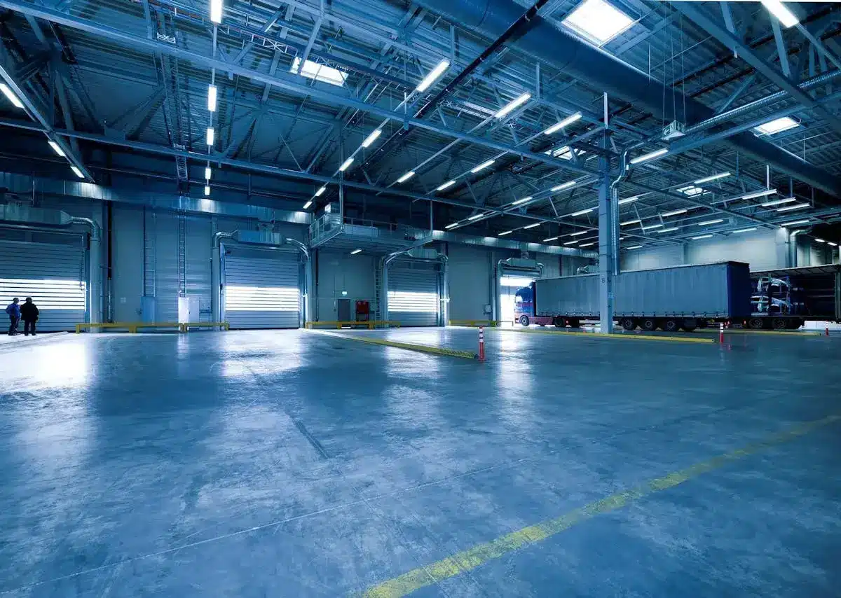 Modern indoor warehouse facility with polished concrete flooring, high ceilings.