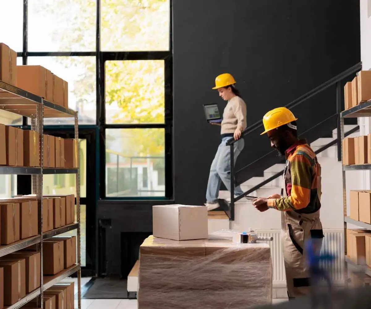 Workers organizing boxes in indoor storage area