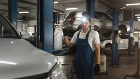 Mechanic inspecting car inside auto repair shop