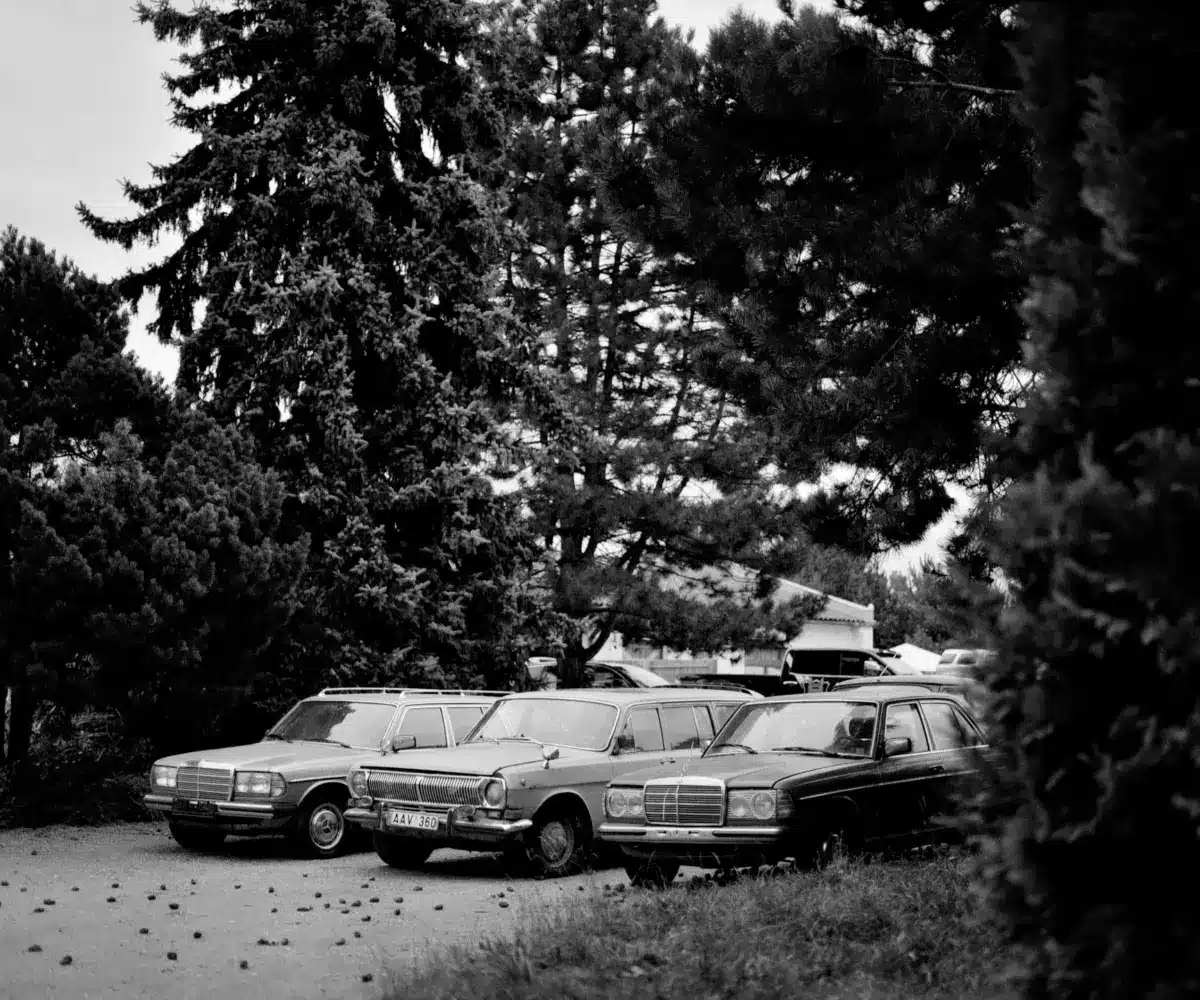 Classic cars parked together in outdoor vehicle storage lot.