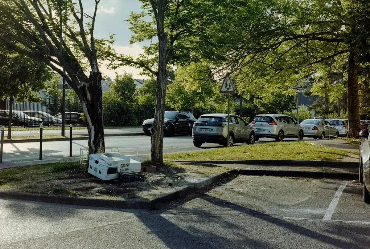 Vehicles parked in a residential area with street and curbside spaces, highlighting common parking environments subject to local regulations.