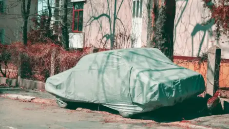 Car covered with a protective cover parked on a residential street beside trees and buildings.