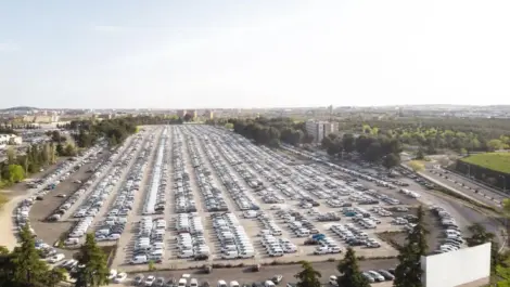 Large outdoor vehicle storage lot filled with rows of parked cars, illustrating long-term parking and storage options.