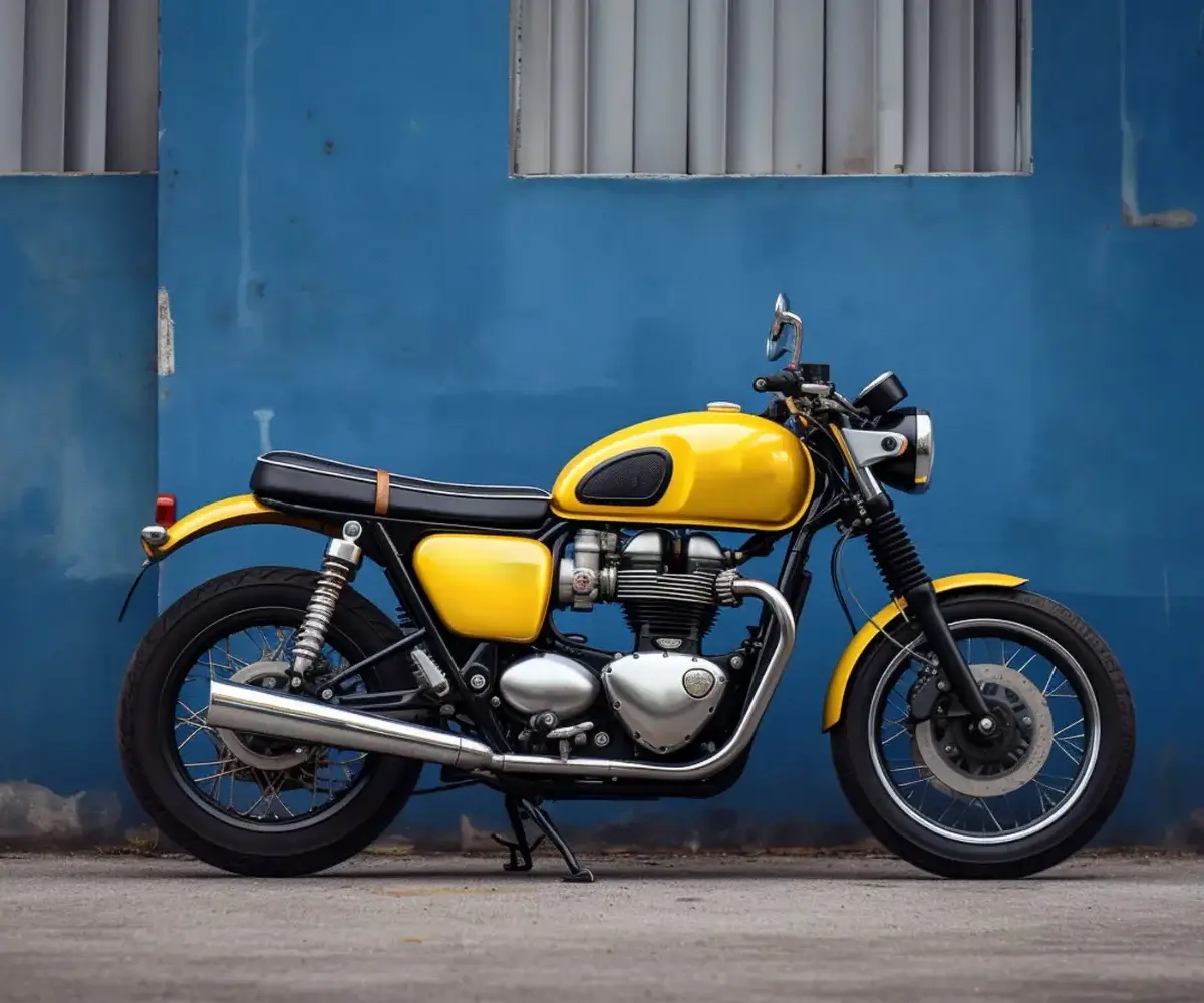 Yellow motorcycle parked outdoors against a blue wall as an alternative to storing a bike inside the house