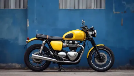 Yellow motorcycle parked outdoors against a blue wall as an alternative to storing a bike inside the house